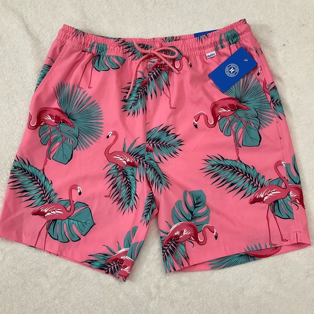 NWT HURLEY Men’s Pink Flamingo Above The Knee Hybrid Walkshort Trunks UPF 50+